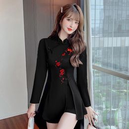 Suits Women Chinese Style Tang Suit Red Flower Embroidery Oriental Clothing Casual Retro Fashion Cheongsam Tops Dress Pants Set