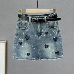 Skirts Denim Skirt For Women 2023 Summer High Waist Slimming Ins Love Embroidered Drill Rhinestone Exposure-Proof Short