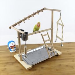 Perches Wooden Bird Perch Stand With Feeder Cups Parrot Platform Playground Exercise Gym Playstand Ladder Interactive Toys F3002