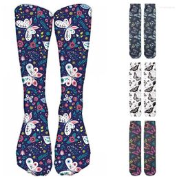 Women Socks Butterfly Printed Women's Long Fashion Colorful Thigh High For Female Happy Harajuku Compression Cotton Soft