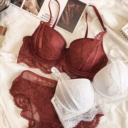 Bras Sets Gathered cups steel ring lingerie with panties breastfeeding lace sexy underwear suit women D cup bra and briefs set 230427