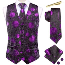 Men's Vests Novelty Mens Silk Vest Purple Black Jacquard Sleeveless Waistcoat Jacket Necktie Hanky Cufflinks Set Wedding Business Hi-Tie