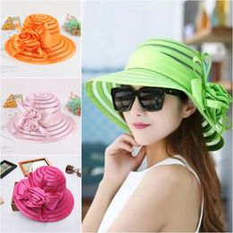 Caps Hats Fashion Elegant Organza Wide Brim Summer Hat Big Flower Fedora Hat Beach Sun Hats for Women Ladies Wedding Church Party Hat 230427