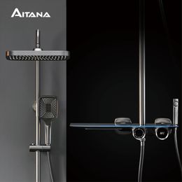 Bathroom Shower Heads Luxury gun gray brass bathroom shower system digital display design waterfall water outlet cold dual control Tap 231127