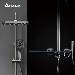 Bathroom Shower Heads Luxury gun Grey brass bathroom shower system digital display design waterfall water outlet cold dual control Tap 231127