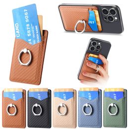 Metal Ring Holder Carbon Fibre Universal Back Phone Leather Cases For Iphone 15 14 13 12 11 XR S24 S23 S22 S21 Note 20 Card Slot Pocket 3M Sticker Stick On Phone Cases