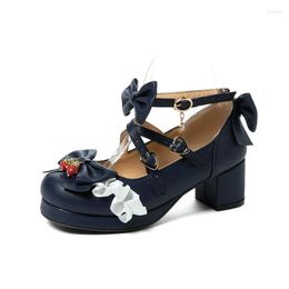 Dress Shoes 30-48 Sweet Women's Strawberry Sweetheart Lolita Cross Ankle Strap Bow 5cm High Heel