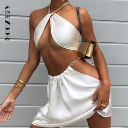Dress BoozeRey Satin Two Piece Set For Women Outfits Summer Sexy Club Party Dress Sets Metal Chain Halter Crop Top And Mini Skirt Set