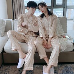 Men's Sleepwear Spring Women's Pajama Set Luxury Style Check And Stripes Print Silk Satin Couple Casual Home Clothes Nightwear For Men