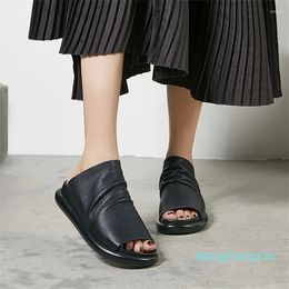 Slippers Summer Women BLack Round Peep Toe Fashion Simple Chunky Shoes Arrival Full Grain Leather Slingback