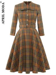 Dress 2022 Hepburn Women Winter Dresses Cotton 50s Robe Femme French Retro British Plaid Sundress Button Shirt Swing Dress With Belt