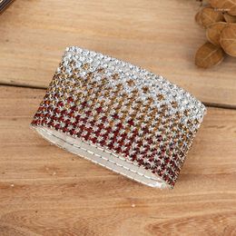 Bangle 12 Rows Clear And Brown Crystal Rhinestone Bracelet Silver Plated Wedding Bridal Wide Stretch For Women