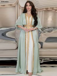 Ethnic Clothing Moroccan Caftan Luxury Silk Satin Elegant Lantern Sleeve 3pcs Dress Diamonds Abaya Muslim Sets Ramadan Dresses For Women 230426