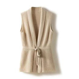 Cardigans Temperament V neck waistband pure wool woman sweater cardigan sleeveless sweater loose clip languid lazy 100 wear vest