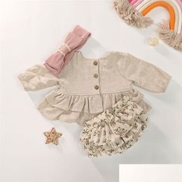 Set di abbigliamento Vestiti per bambini Designer di lusso per ragazze Primavera Morbido cotone di lino Bambino Boutique Abbigliamento Set Top a maniche lunghe Floreale Bl Dhqzo