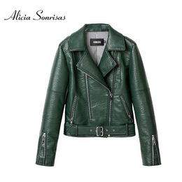 Jackets 2021 Spring Autumn Leather Jacket Women Green Short Motorcycle PU Long Sleeve High End Leather 3 Colours Biker Coat HR1018