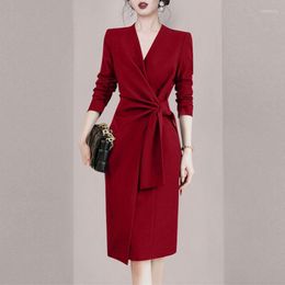 Casual Dresses Luxury Women V-neck Lace-up Slim Long Sleeved Dress Fall Winter High-end Professional Suit Fashion Korean Red Party