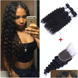 Human Hair Wefts With Closure Brazilian Deep Wave Virgin Weaves 4X4 Lace Frontal Bleached Knots 100G/Pc Natural Colour Double Drop Deli Dhc2I