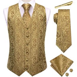 Men's Vests Fashion Brown Silk Vest For Men Jacquard Sleeveless V-Waistcoat Jacket Necktie Hanky Cufflinks Clips Sets Wedding Party Hi-Tie