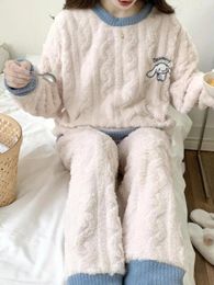 Women's Sleepwear Winter Winte For Women Kawaii Cartoon Thick Warm Simple Cute Flannel Girl Pijama Ladies Homewear 2 Pieces 23