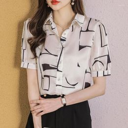 Women's Blouses 2023 Summer Elegant Fashion Geometric Print Satin Blouse Work Casual Tops Korean Women Short Sleeve Vintage Shirt