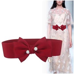 Belts Women's Runway Fashion Pearl Bow Cummerbunds Female Dress Corsets Waistband Decoration Wide Belt R1815