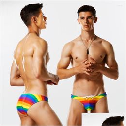 Men'S Shorts Mens Wg74 Summer Rainbow Sexy Tight Low Waist Men Swimsuits Half Pack Hip Bikinis Gay Thong Swimwear Swim Trunks Briefs Oteyr