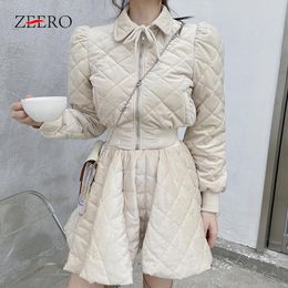 Suits Autumn Winter Woman Vintage Cotton Clothes Two Piece Set Solid Colour Lingge Lapel Puff Sleeve Jacket + Big Swing Mini Skirt Suit