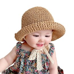 Caps Hats Panama Summer Straw Baby Suburban Girl Hat Lace Bow Kids Cap Princess Girls Beach Children Sun 230426