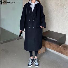 Fur Winter Women Wool Blends Black Patchwork Fake Two Pieces Stylish M3XL Hooded Straight Overcoat Female Preppy Simple Warm Coat