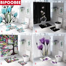 Curtains Colourful Tulip Lotus Flowers Trees Shower Curtain Sets NonSlip Rugs Toilet Lid Cover and Bath Mat Waterproof Bathroom Curtains