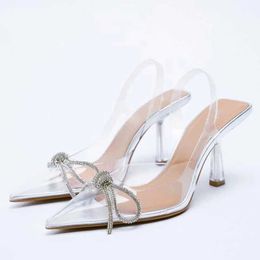 Sandals Womens Transparent Pumps Woman High Heels Luxury Sparkly Bow Slingback Clear Rhinestone Summer Heeled 230406