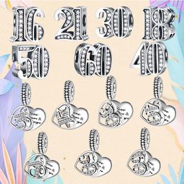 Loose Gemstones BAMELA 925 Sterling Silver Number Charms Heart Arabic 16 18 21 30 40 Bead For Original Pendant Bracelet Anniversary Jewelry