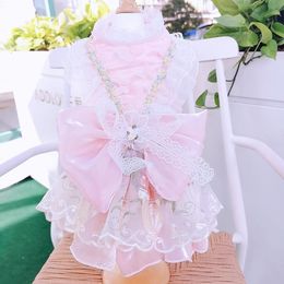 Dresses Pet Dog Clothes Handmade Luxury Pink White Big Bow Lace Embroidered Tutu Princess Dresses For Small Medium Dog Puppy Clothing