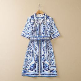 2023 Summer Blue Paisley Print Beaded Dress 1/2 Half Sleeve Lapel Neck Belted Front Zipper Knee-Length Casual Dresses S3A240420