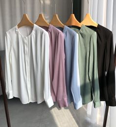 Spring Summer White / Black Solid Color Silk Blouse Shirt Long Sleeve Round Neck Single-Breasted Top Shirts H3F27YQTK