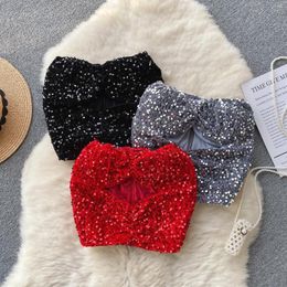 Women's Tanks Sexy Glitter Sequined Hollow Strapless Tube Top Chic Velvet Pleated Crop Korean Women Camis Corset Bustier