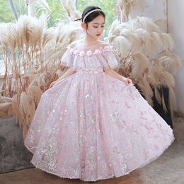 bridesmaid dress Flower Girl Dresses shiny gown lace Hand made 3D Flowers Lace Tutu Vintage bling Little Baby Gowns frist holy Communion Boho Wedding birthday gowns