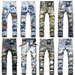 QNPQYX New Mens jeans Distressed Motorcycle biker jean Rock Skinny Slim Ripped hole letter Top Quality Brand Casual Jean Men Skinny Pants