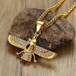 Pendant Necklaces Ahura Mazda Zoroastrian Farvahar Wing Necklace Pendant Stainless Steel Medyan religi Achaemenian Men Jewelry 230426