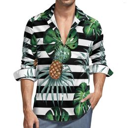 Men's Casual Shirts Watercolour Tropical Shirt Men Pineapple And Stripes Spring Graphic Blouses Long Sleeve Y2K Oversized Top Gift Idea