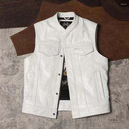 Men's Vests White Motorcycle Biker Leather Vest Mens Genuine Sleeveless Jackets Stand Collar Real Cowhide Waistcoat