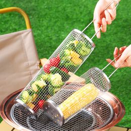 Stainless Steel Barbecue Cooking Grill Grate Mesh Rotation Cylinder Cage Camping Picnic Cookware Outdoor Round BBQ Net Tube Campfire Grill Rolling Basket HW0138