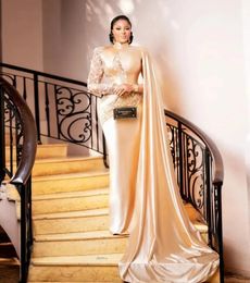 Champagne African Aso Ebi prom Dress with Side Train Lace Satin Women Long Birthday Party Gowns evening Dresses High Neck