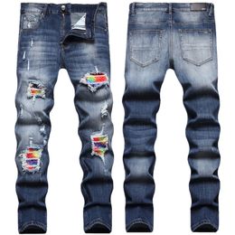 Men's Jeans European Jean Hombre Letter Star AM tiny spot Men Embroidery Patchwork Ripped Trend Brand Motorcycle Pant Mens Skinny AM1178# size 28-42