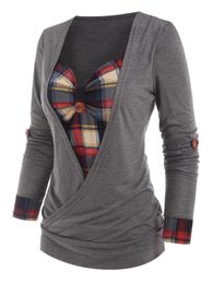 T-Shirt Casual Gothic Women T Shirts Roll Up Sleeve Plaid Insert Surplice T Shirt Long Sleeve Autumn Grey Female Tops