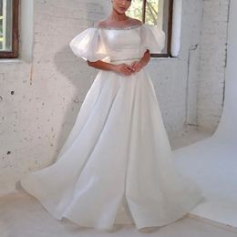 Round Neck Wedding Dresses Long With Puffy Sleeve Bridal Gown Beading A Line Satin Robes de mariee