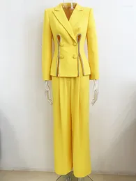 Women's Two Piece Pants High Quality Blazers Fashion Set Ladies Diamond Button Long Sleeve Blazer Jacket Wide Leg Elegant Yellow