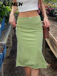 Skirts ALLNeon 90s Aesthetics Basic Low Waist Slit Hem Green Skirts Y2K Streetwear Retro Solid Bow Trim Midi Skirt Women Summer Outfits 230427