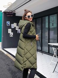 Women's Vest's Vest Autumn Winter Hooded Fashion Lattice Mid Length Version Slim Cotton Woman Clothing Warm Sleeveless Jackets 231124